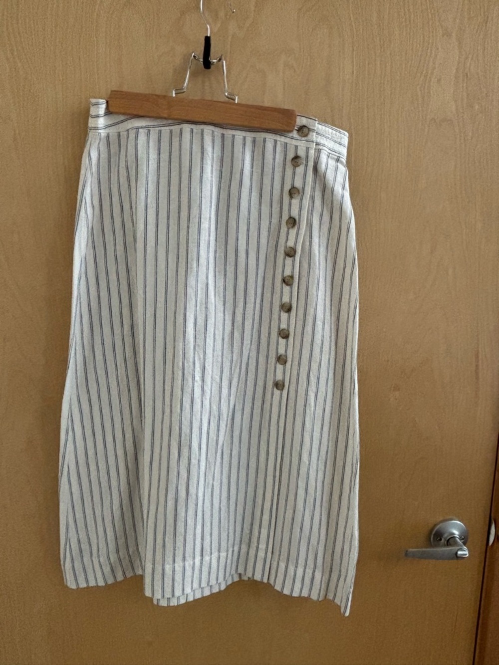 Madewell Striped Cream and Blue Button-Front Midi Linen Skirt